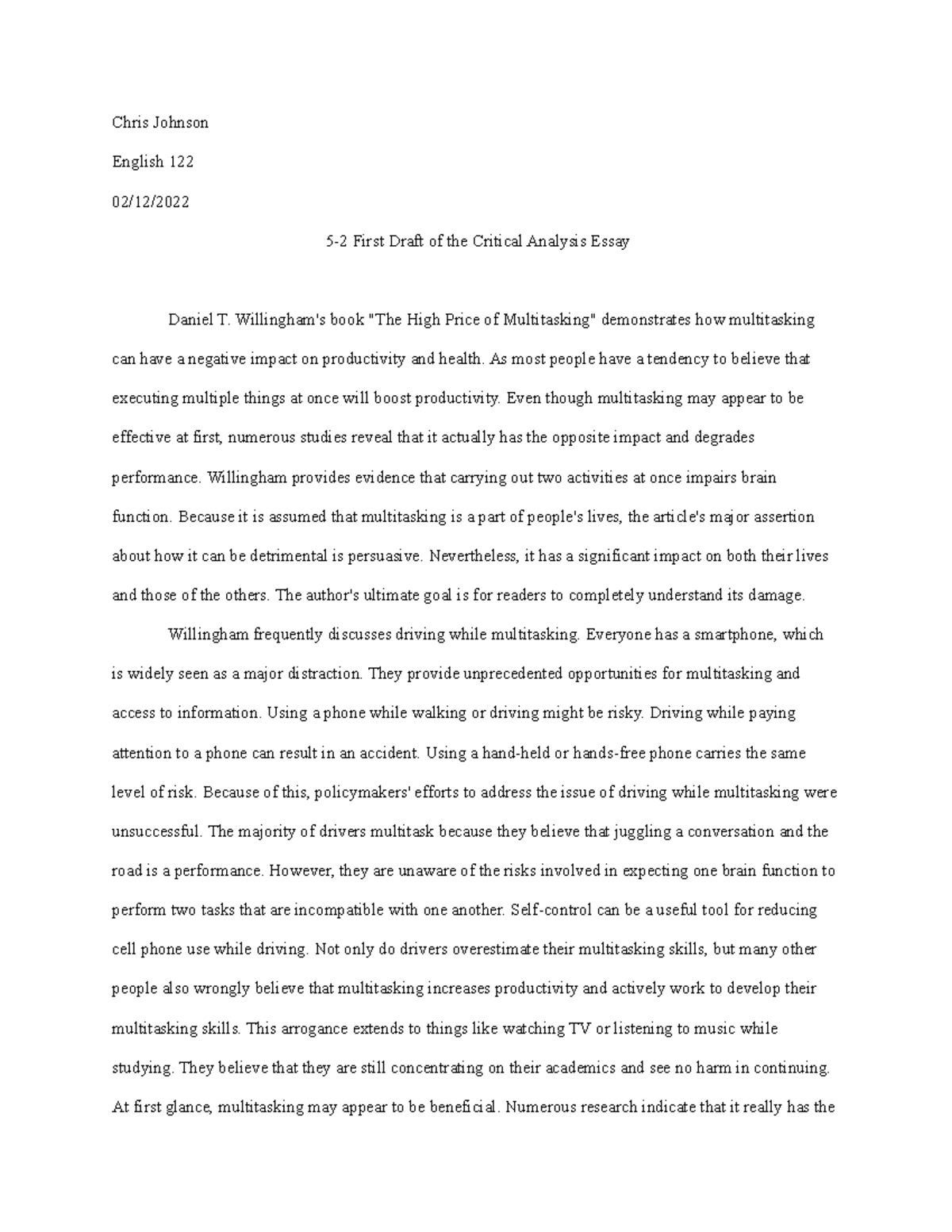 5-2 First Draft of the Critical Analysis Essay - Chris Johnson English ...