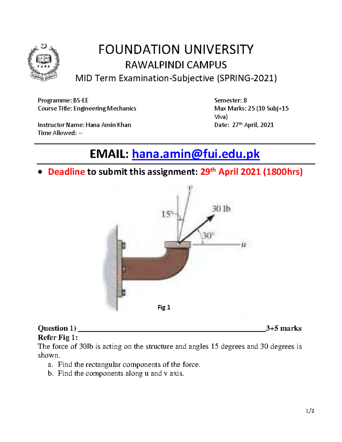 Engg Mechanics MID Term SP2021 - 1/ FOUNDATION UNIVERSITY RAWALPINDI ...