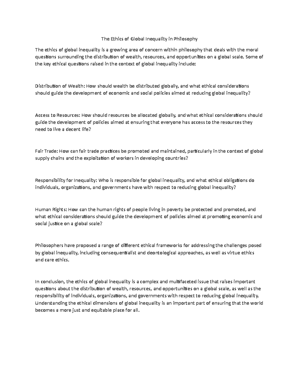 The Ethics of Global Inequality in Philosophy - Some of the key ethical ...