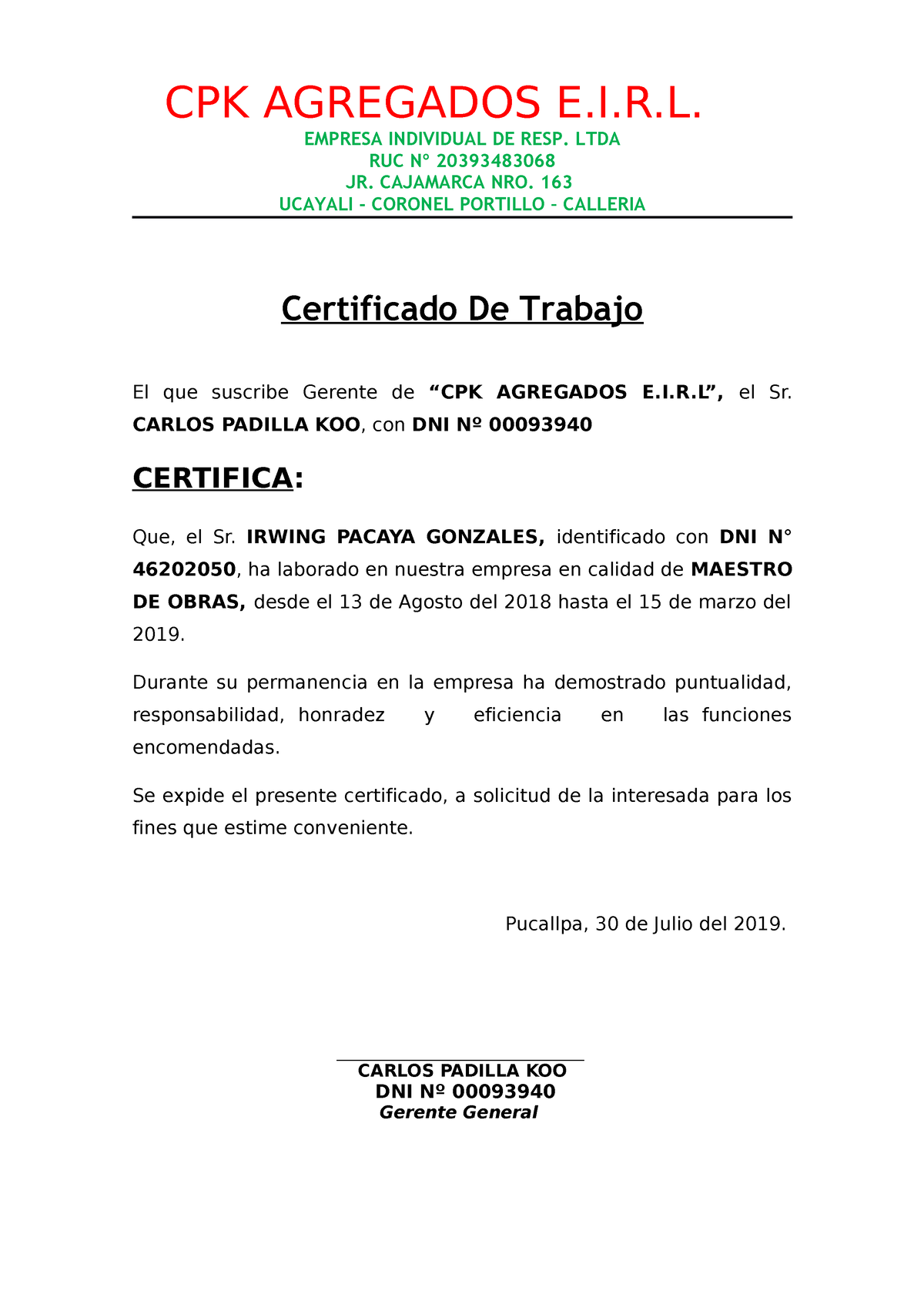 Certificado DE Trabajo - CPK AGREGADOS E.I.R. EMPRESA INDIVIDUAL DE ...