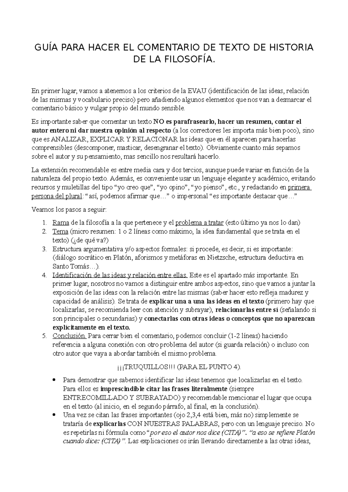 Gu a Comentario Filosof a GU A PARA HACER EL COMENTARIO DE TEXTO DE 