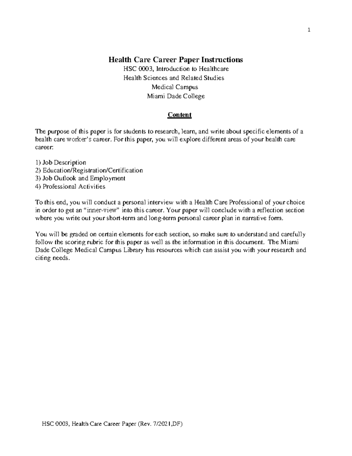 HSC0003-Health Care Paper Instructions - Health Care Career Paper ...