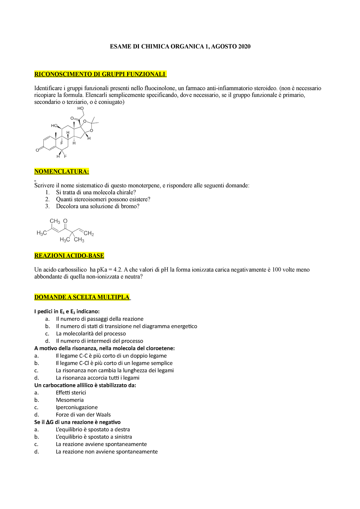 Prova D'esame Chimica Organica - ESAME DI CHIMICA ORGANICA 1, AGOSTO ...