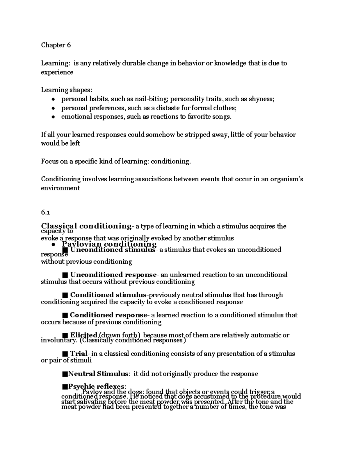 Psychology Chapter 6 - Chapter 6 Learning: Is Any Relatively Durable ...