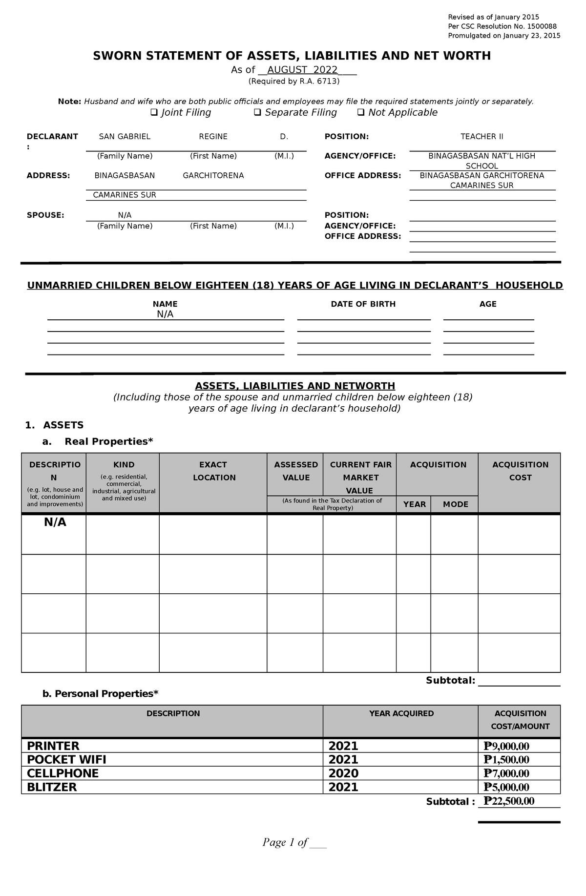 2015-SALN-Form - asdfnijdsnfisdfisdf - Revised as of January 2015 Per ...