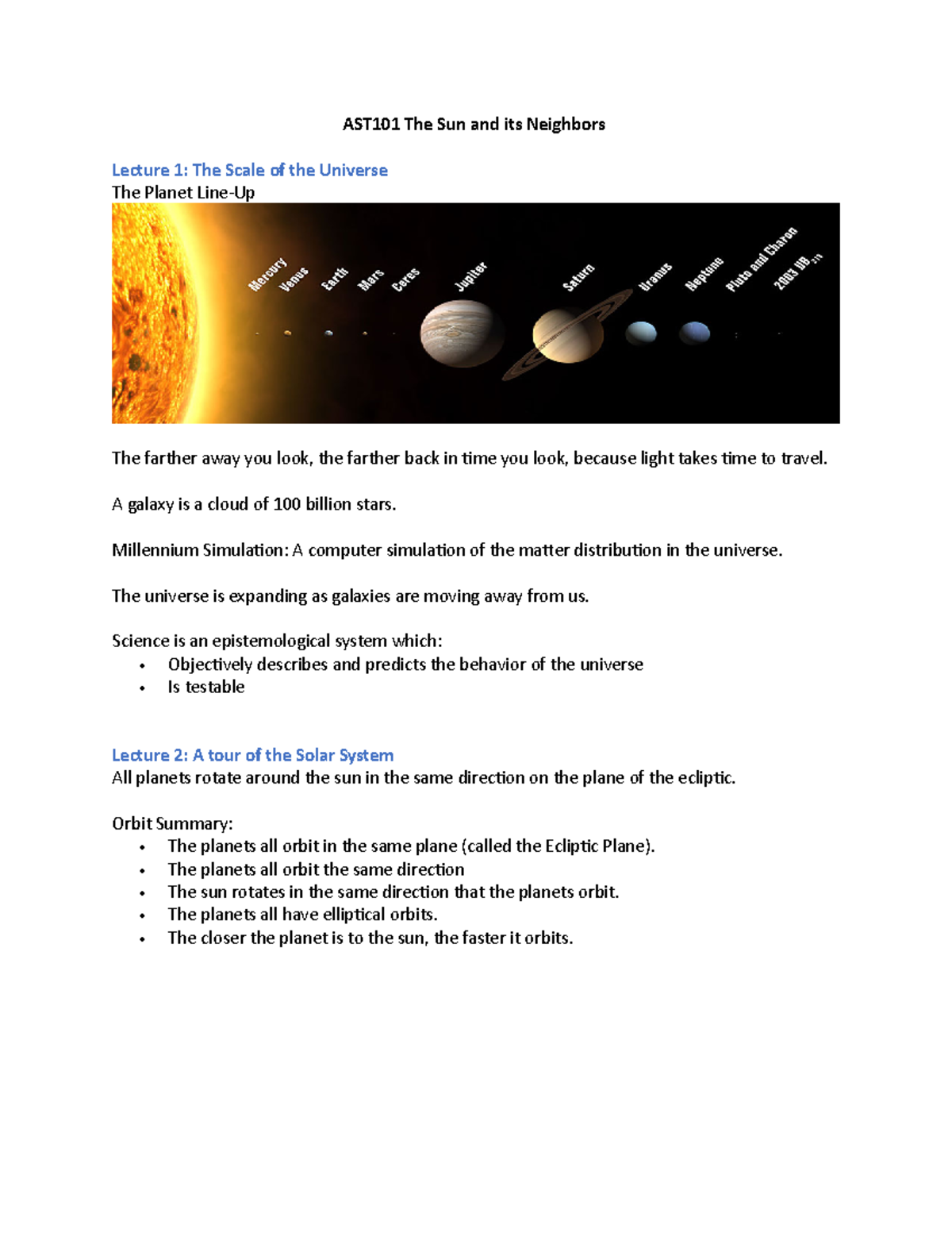 AST101 Notes - AST101 The Sun And Its Neighbors Lecture 1: The Scale Of ...