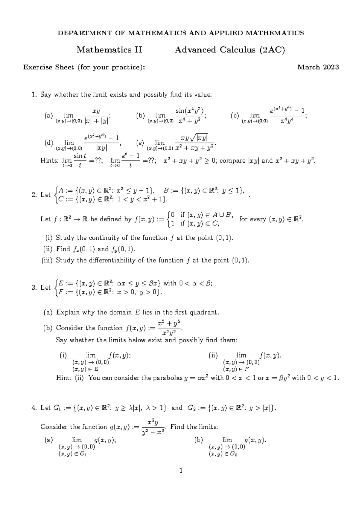 Exercise sheet 2023-01 - DEPARTMENT OF MATHEMATICS AND APPLIED ...