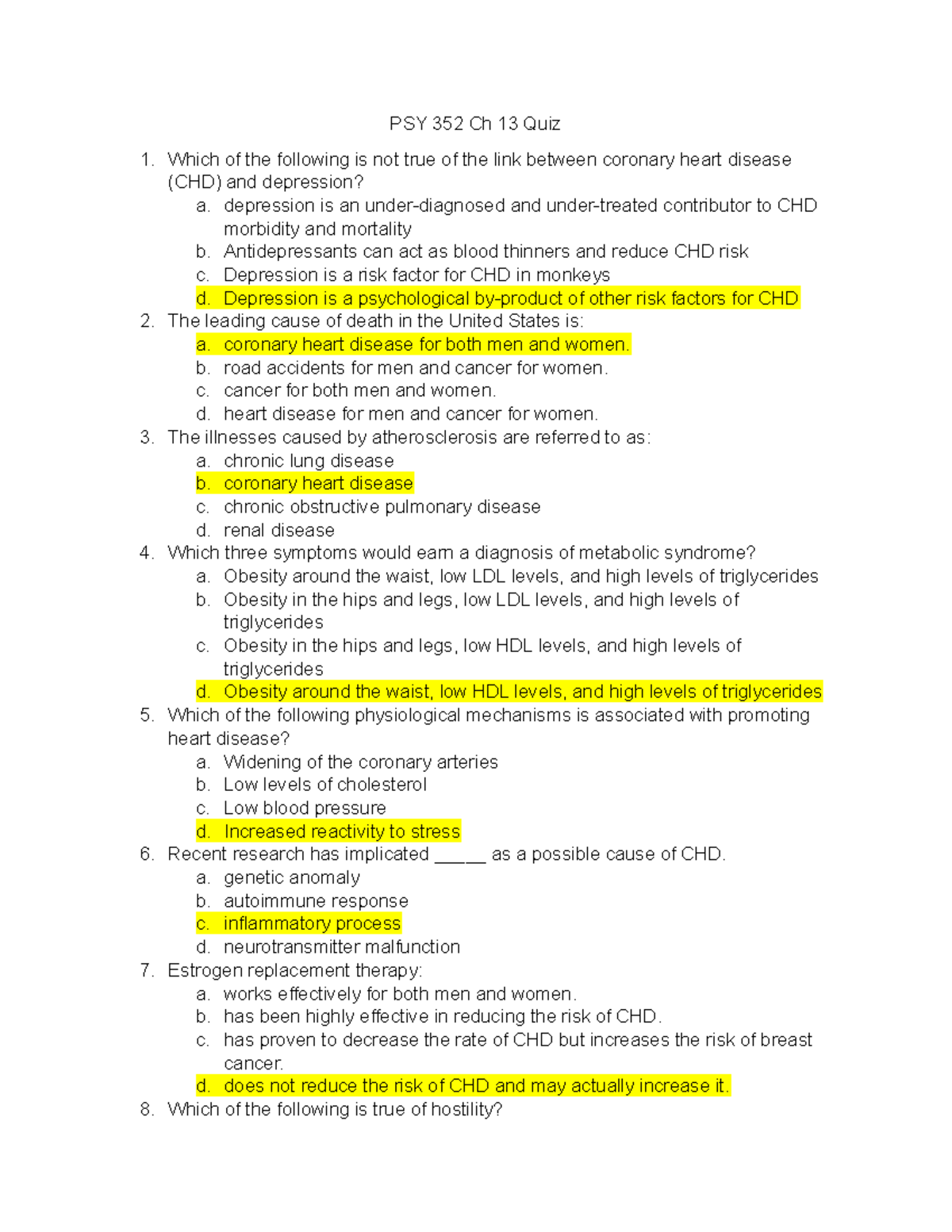 PSY 352 Ch 13 Quiz - Chapter 13 Health Psychology 11th Edition By ...