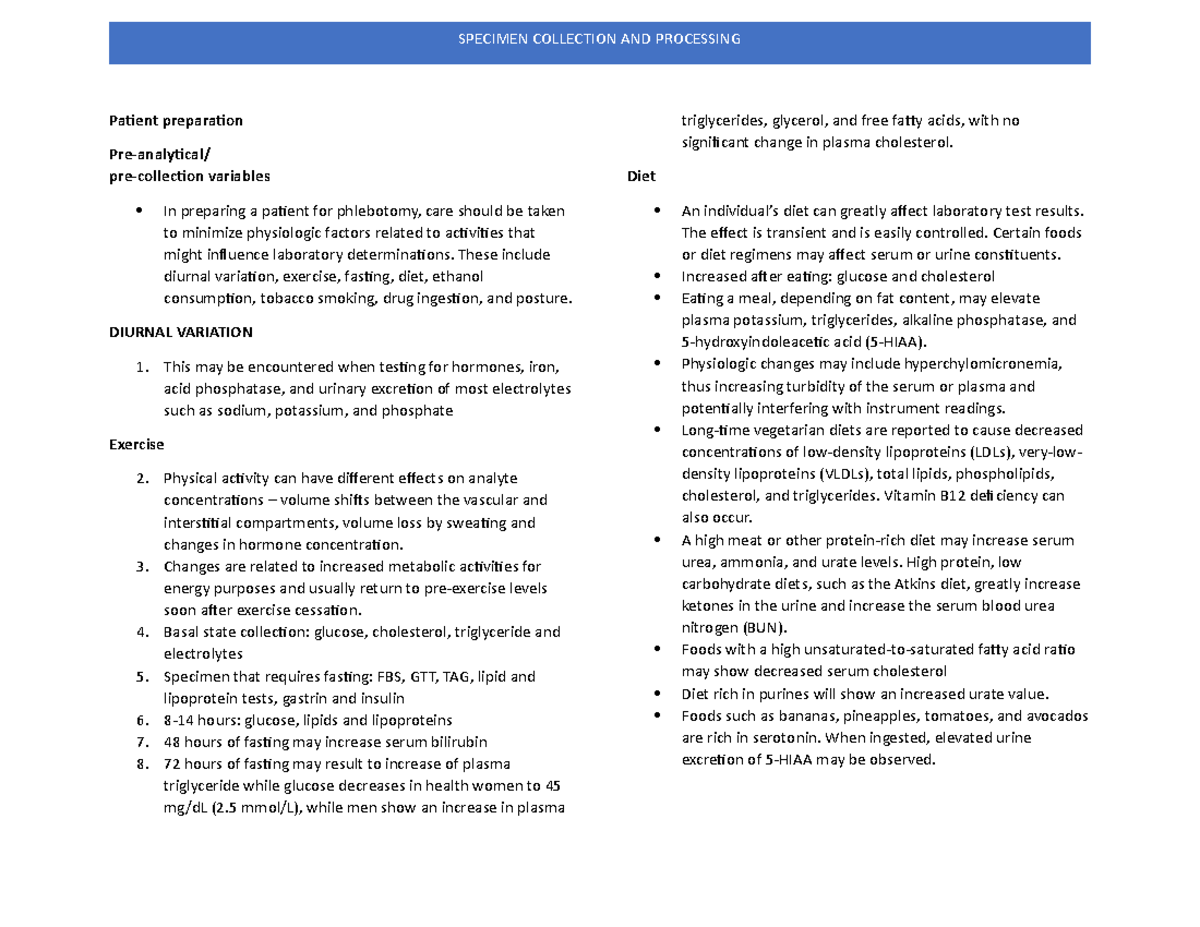 Blood Collection SPECIMEN COLLECTION AND PROCESSING Patient