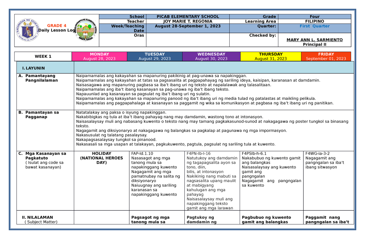 Filipino 4 Q1 W1 Dll For Reference Grade 4 Daily Lesson Log School Picab Elementary School 4275