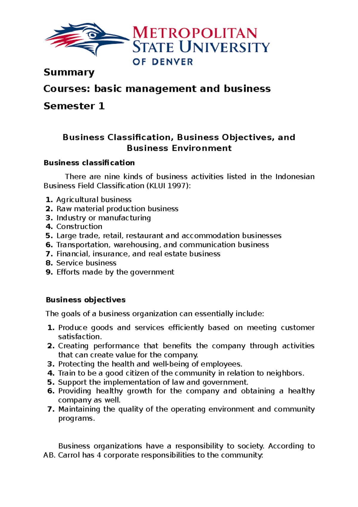 Summary of Business Classification, Business Objectives, and Business ...