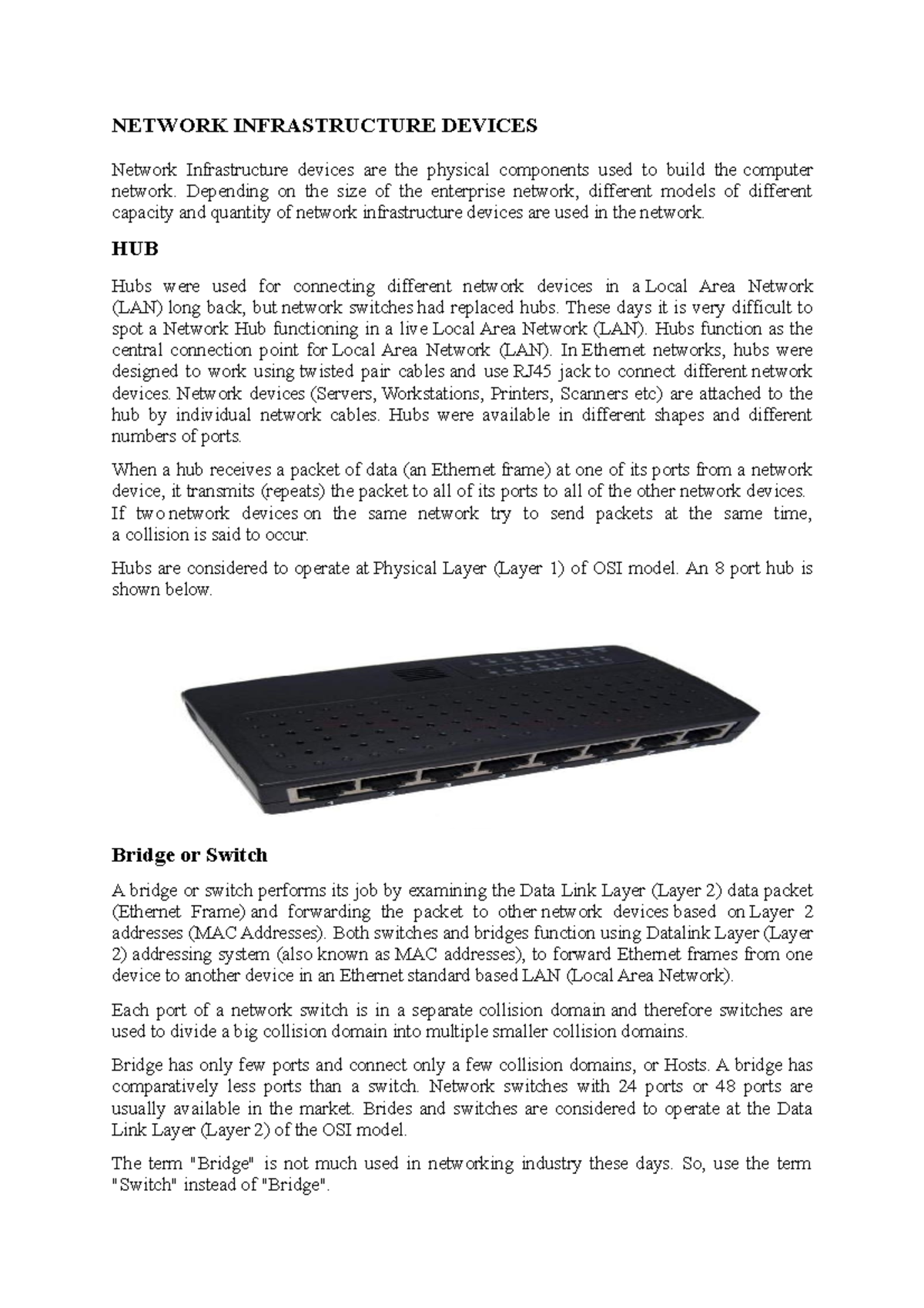 Network Devices NETWORK INFRASTRUCTURE DEVICES Network Infrastructure