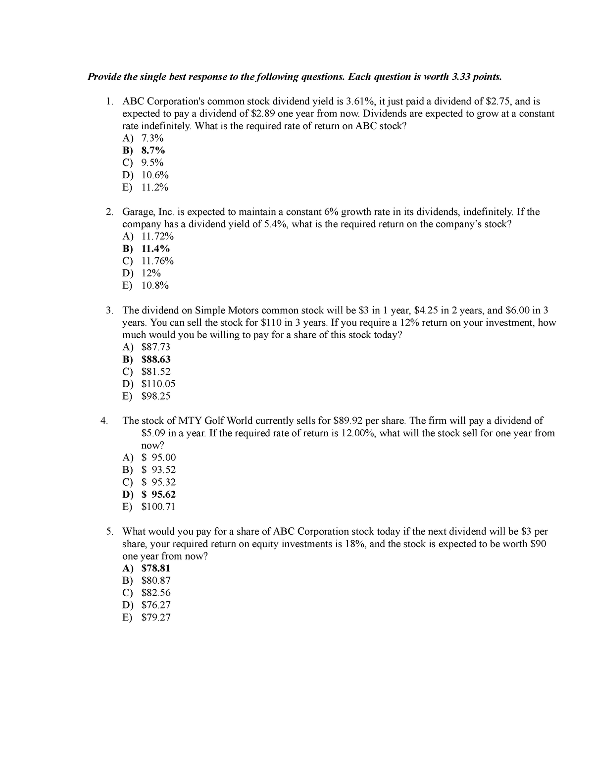 FIN335 - Exam II - LECTURE NOTES - Provide The Single Best Response To The Following Questions ...