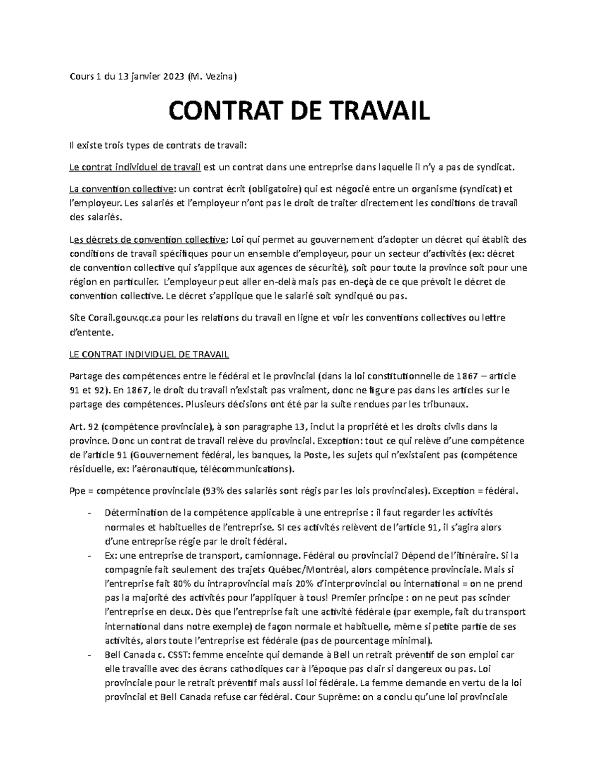 Contrat de travail - Cours 1 du 13 janvier 2023 - Cours 1 du 13 janvier ...