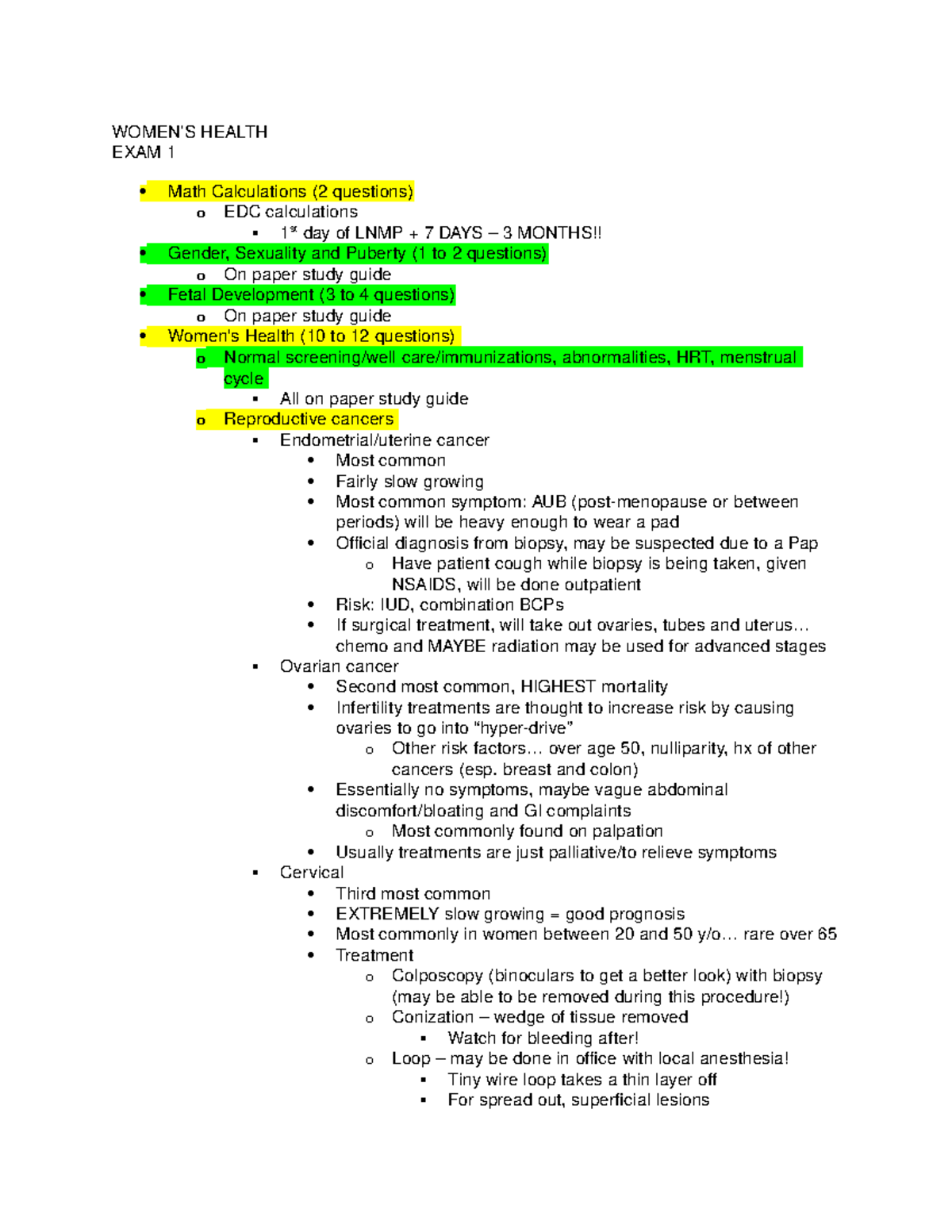 WH Exam 1 Notes WOMEN’S HEALTH EXAM 1 Math Calculations (2 questions