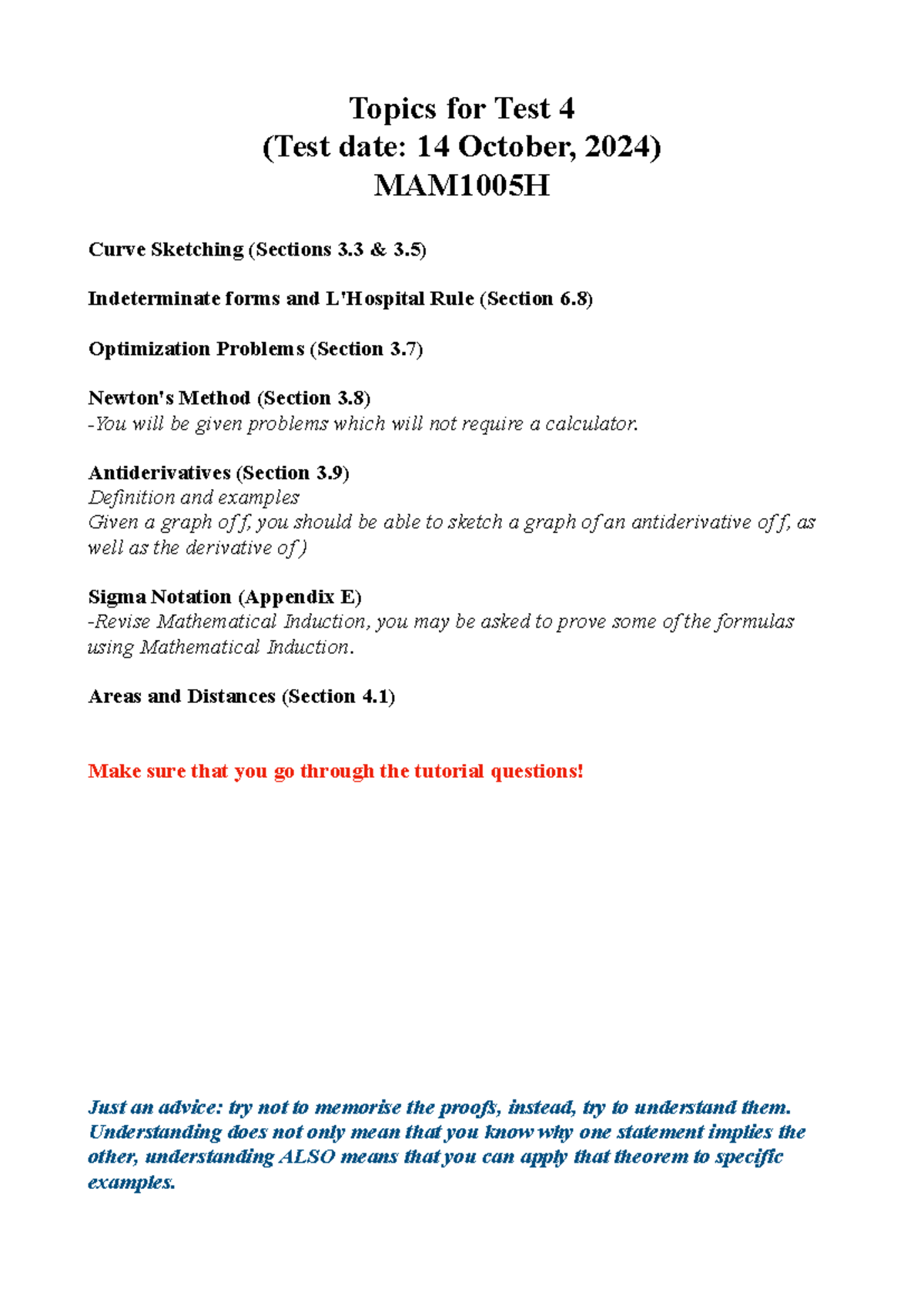 Topics for Test 4 - THIS IS A SCOPE FOR TEST 4 MAM1005H - Topics for ...