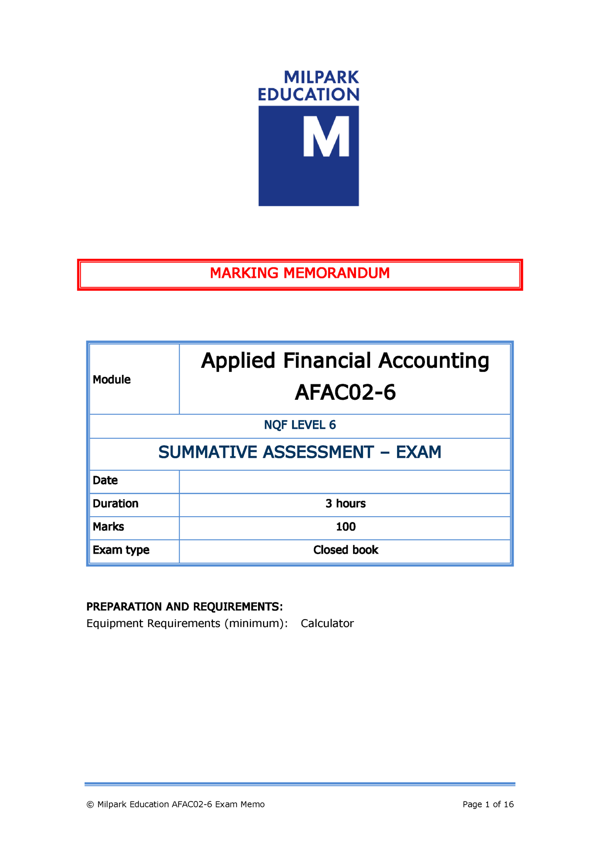 AFAC02 6 Past Exam Memo - MARKING MEMORANDUM Module Applied Financial ...