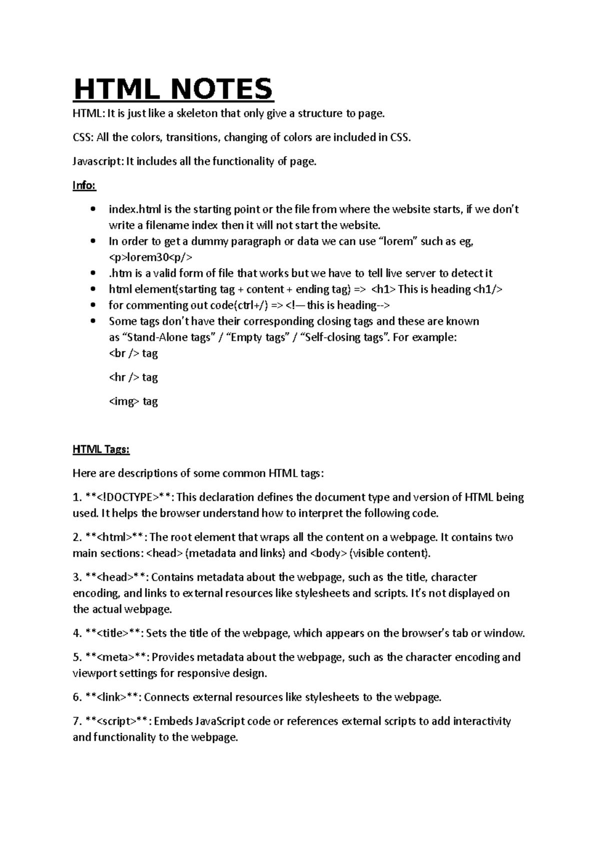 HTML Notes - HTML NOTES HTML: It is just like a skeleton that only give ...
