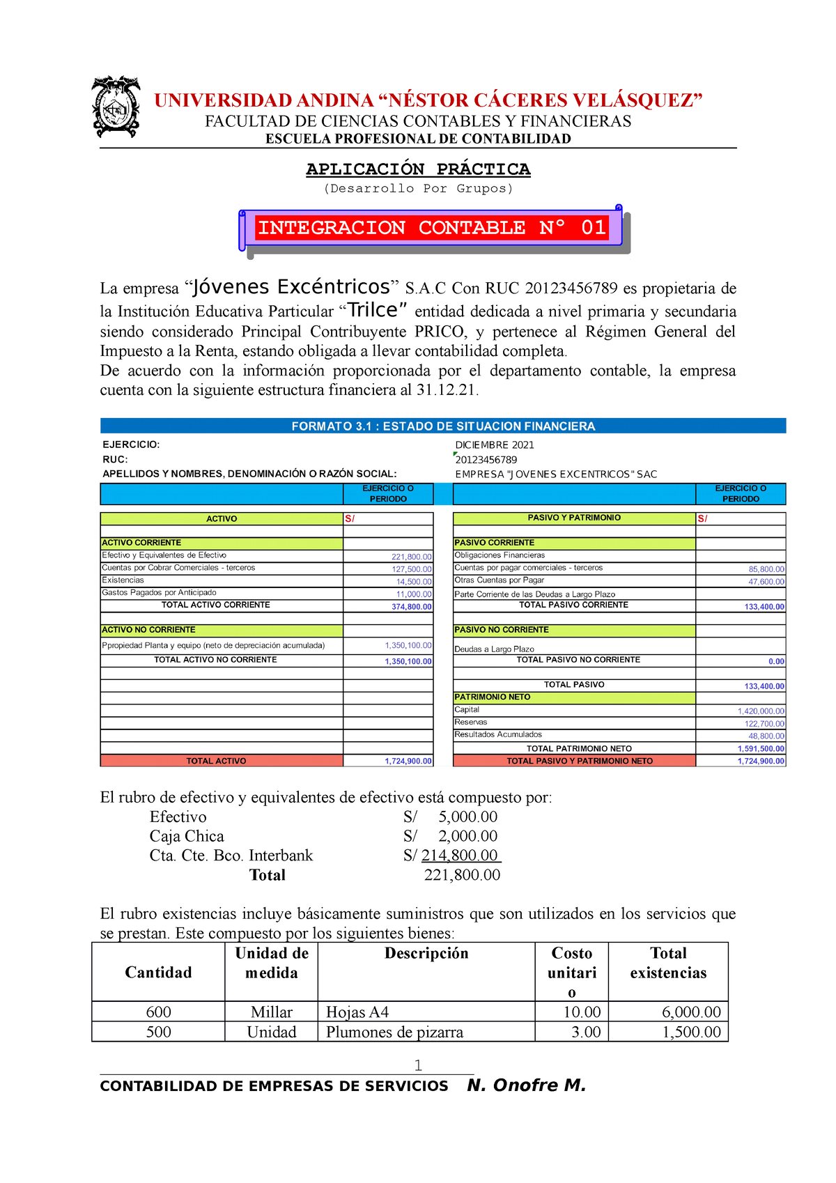 Trabajo Integracion Contable 3 - UNIVERSIDAD ANDINA “NÉSTOR CÁCERES ...