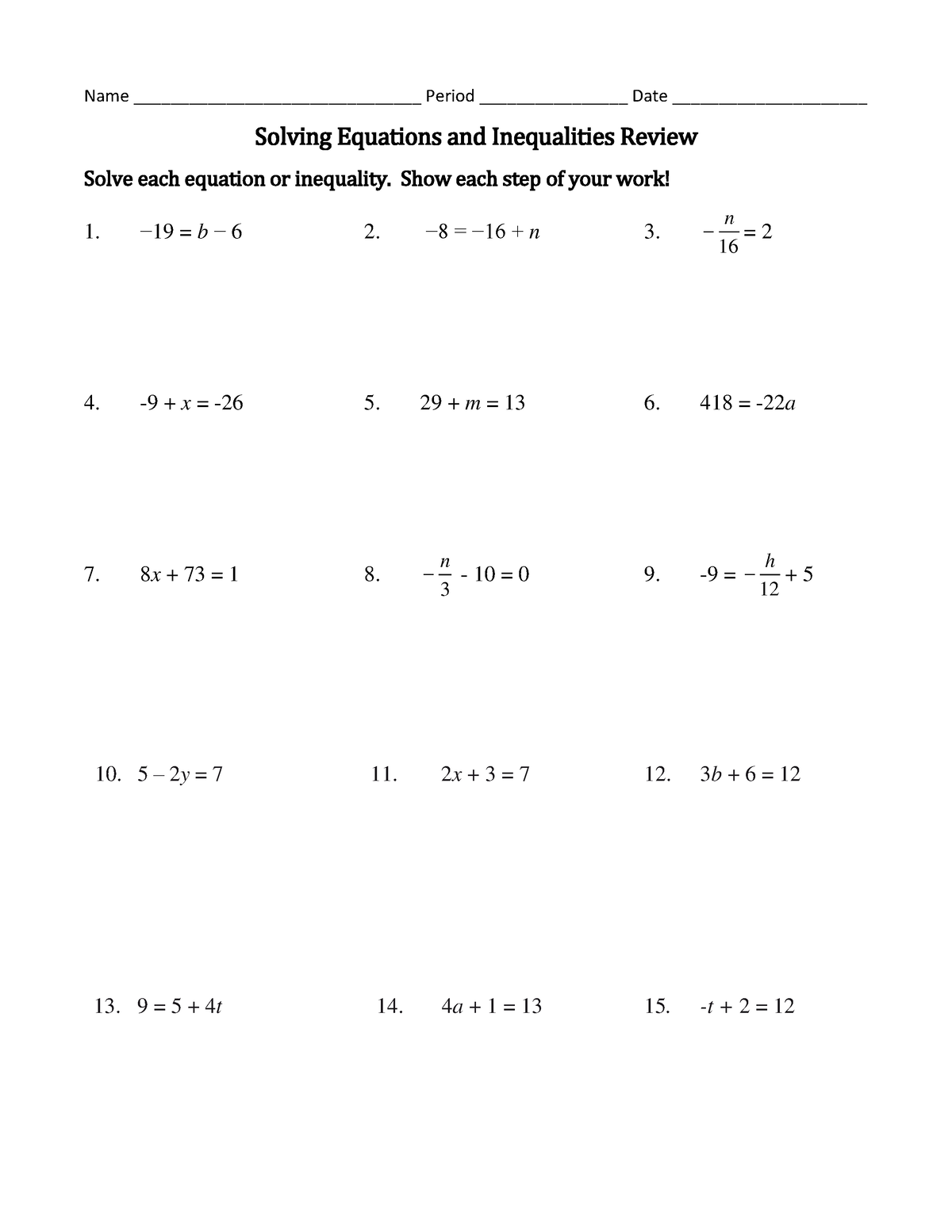 Solving Equations and Inequalities Review Worksheet - Name