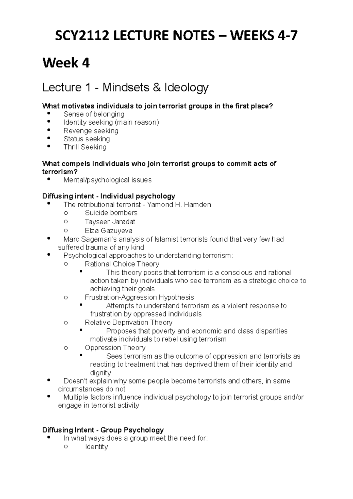 SCY2112 Lecture Notes Weeks 4-7 - SCY2112 LECTURE NOTES – WEEKS 4- Week ...