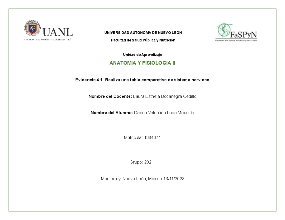 Evidencia 4 - UNIVERSIDAD AUTONOMA DE NUEVO LEON Facultad de Salud ...