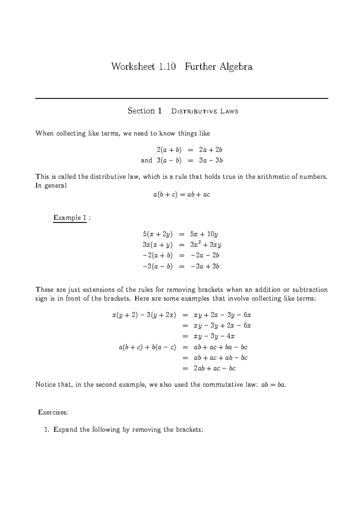 1.10 Further Algebra - Mathematics - Worksheet 1. 10 Further Algebra ...