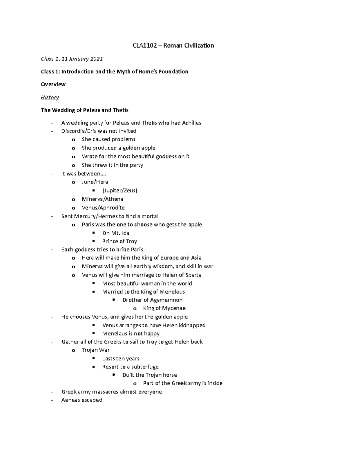 TEST Comprehensive - NOTES - CLA1102 – Roman Civilization Class 1. 11 ...