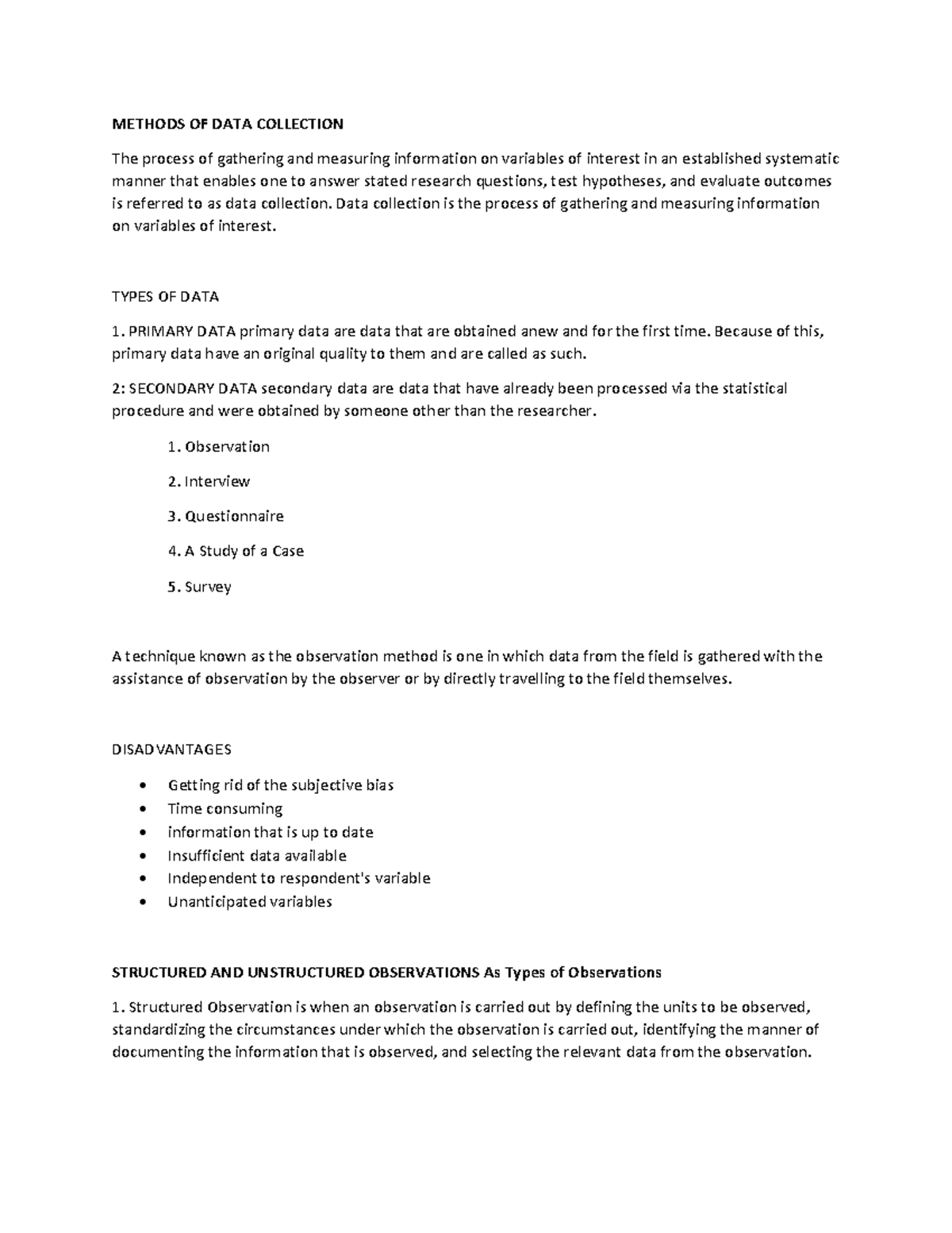 Methods OF DATA Collection - METHODS OF DATA COLLECTION The process of ...