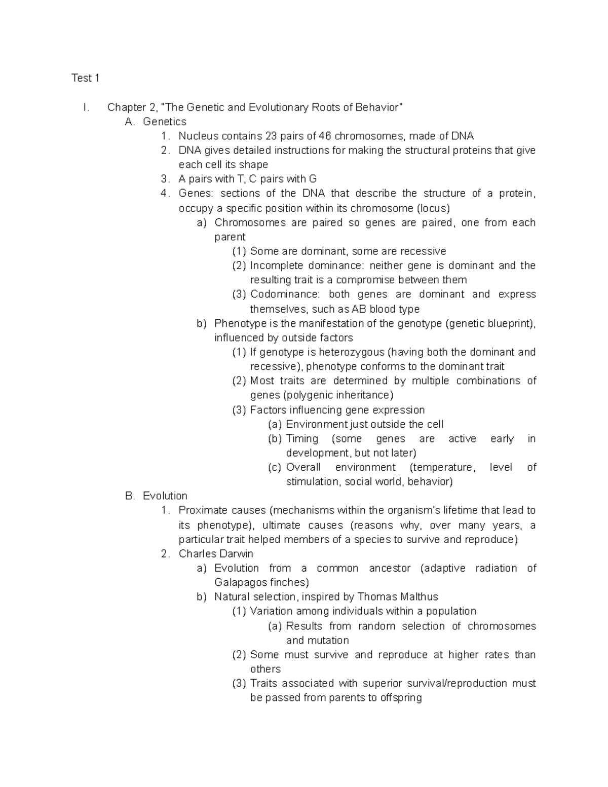 Test 1 - Lecture notes Up to test 1 - Test 1 I. Chapter 2, “The Genetic ...
