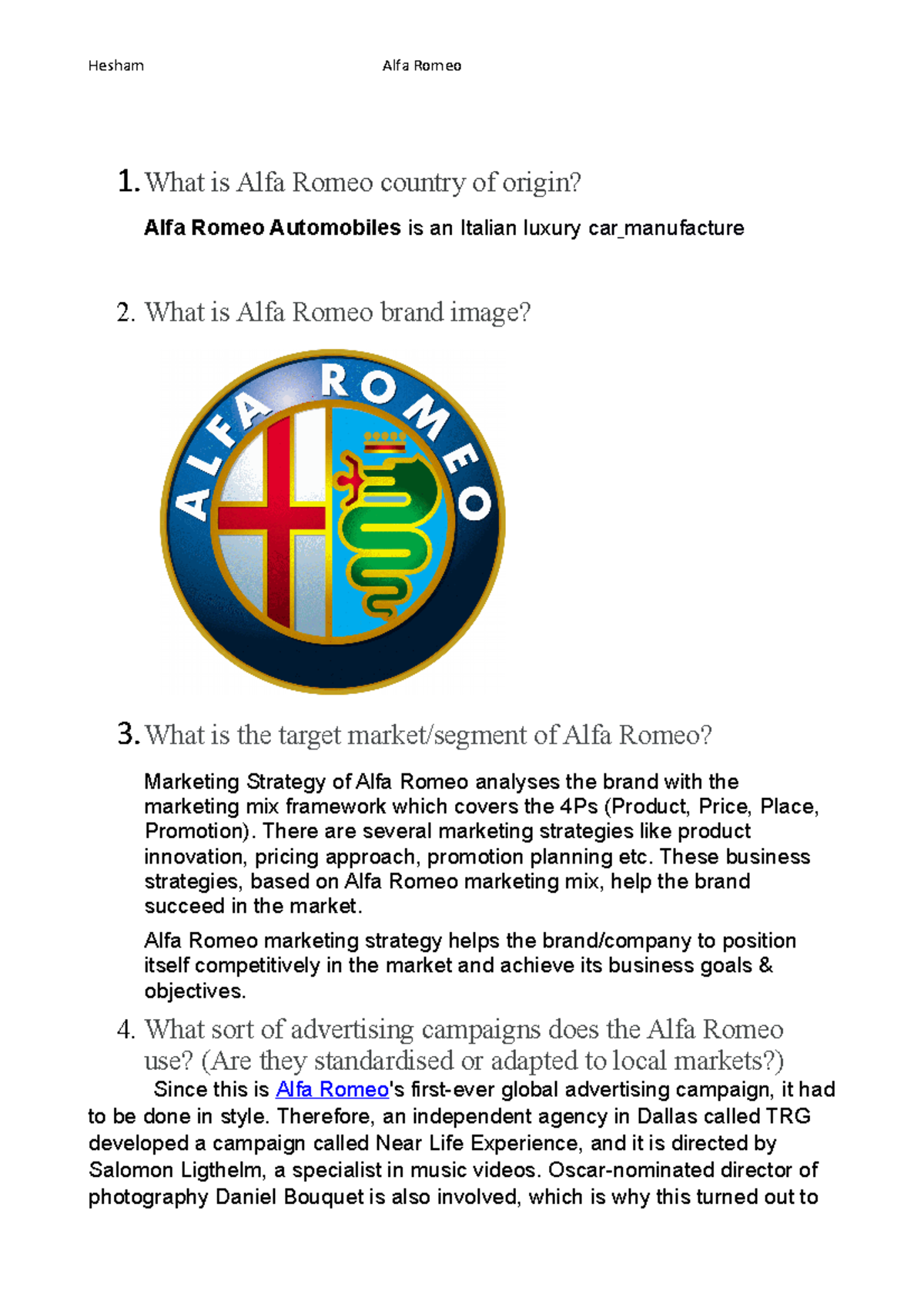 $RRXV3FS - assugnments - Hesham Alfa Romeo 1 is Alfa Romeo country of ...