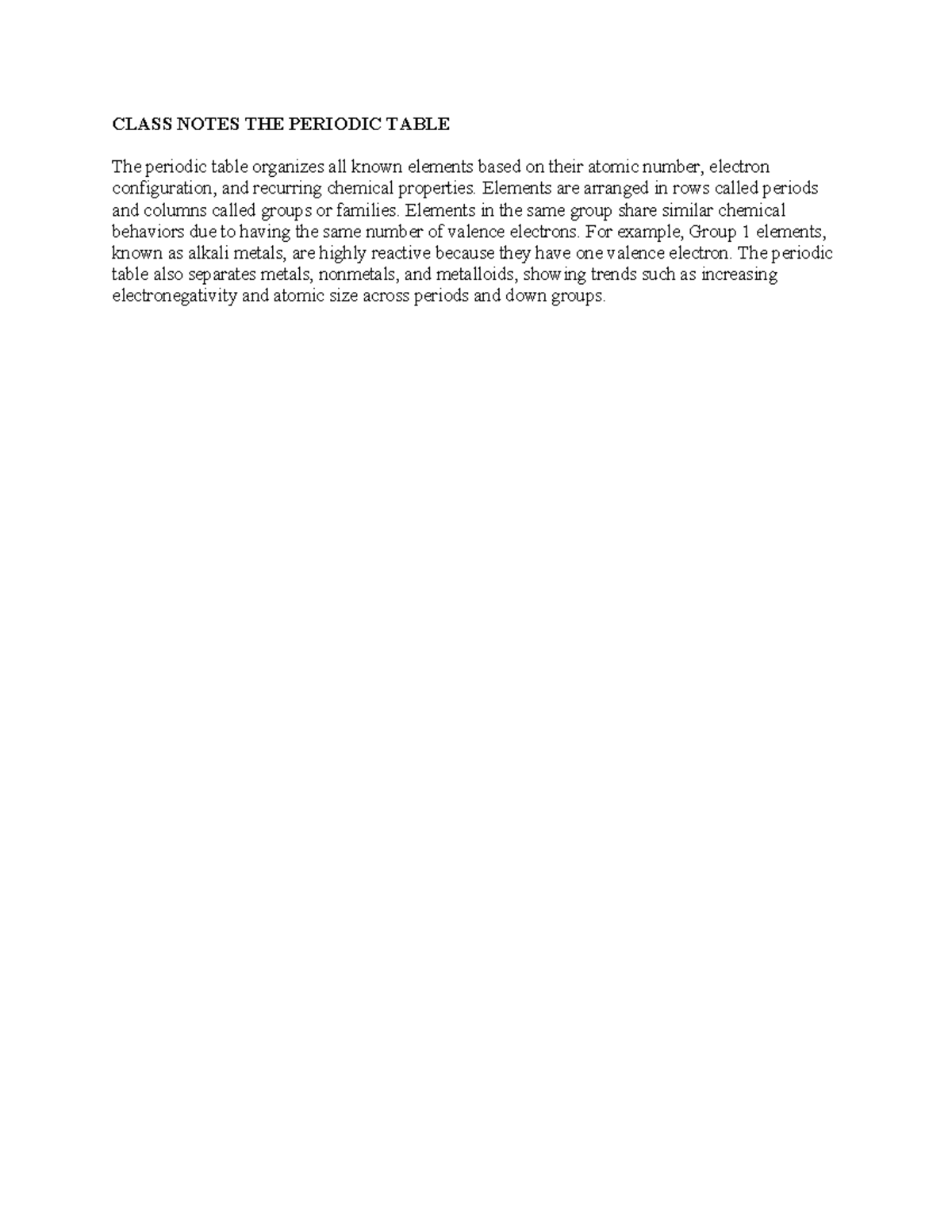 Class Notes THE Periodic Table - CLASS NOTES THE PERIODIC TABLE The ...