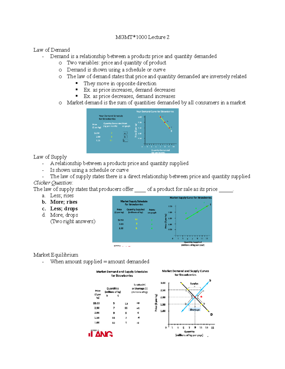 Lecture 2 & 3 Notes - MGMT*1000 Lecture 2 Law of Demand - Demand is a ...