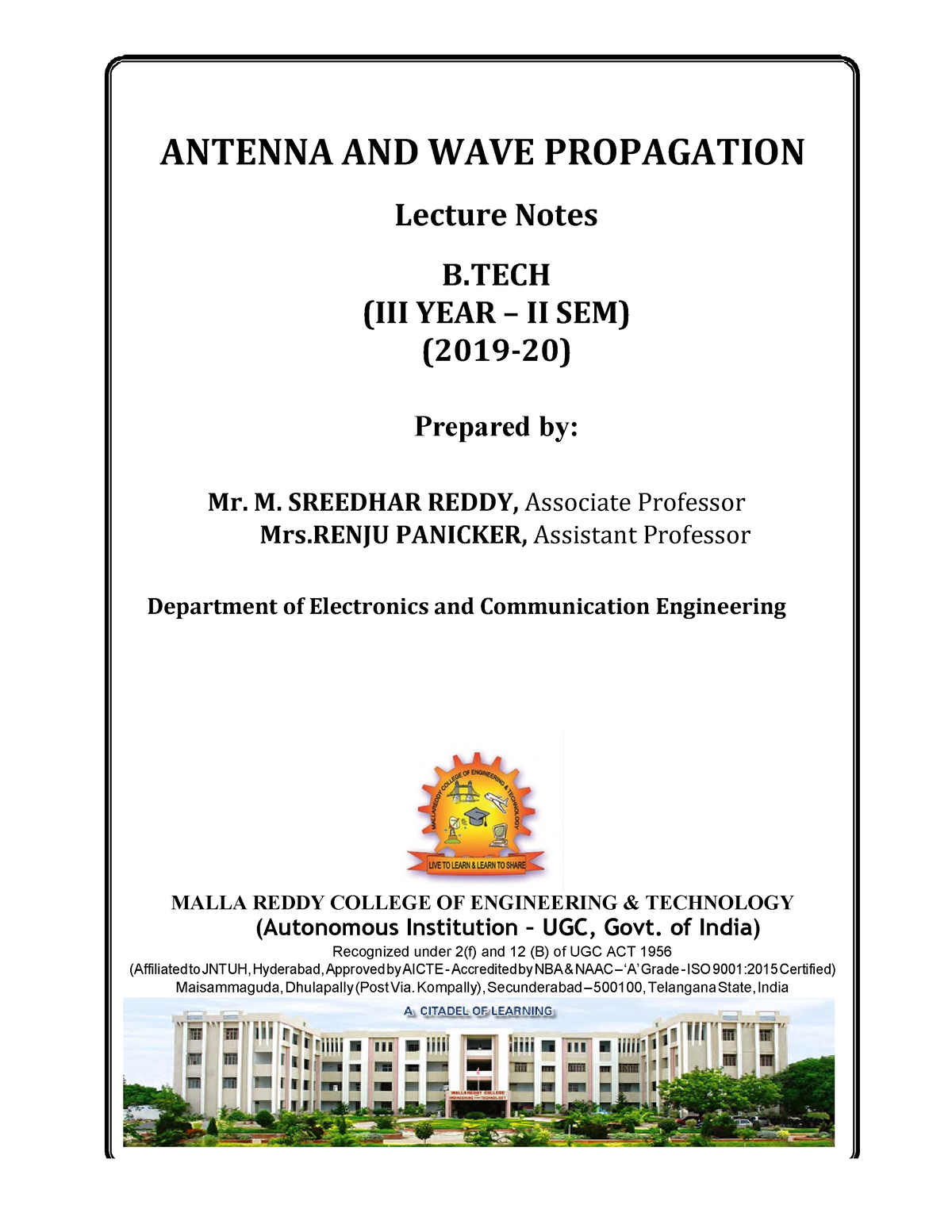 Antenna AND WAVE Propagations ANTENNA AND WAVE PROPAGATION Lecture