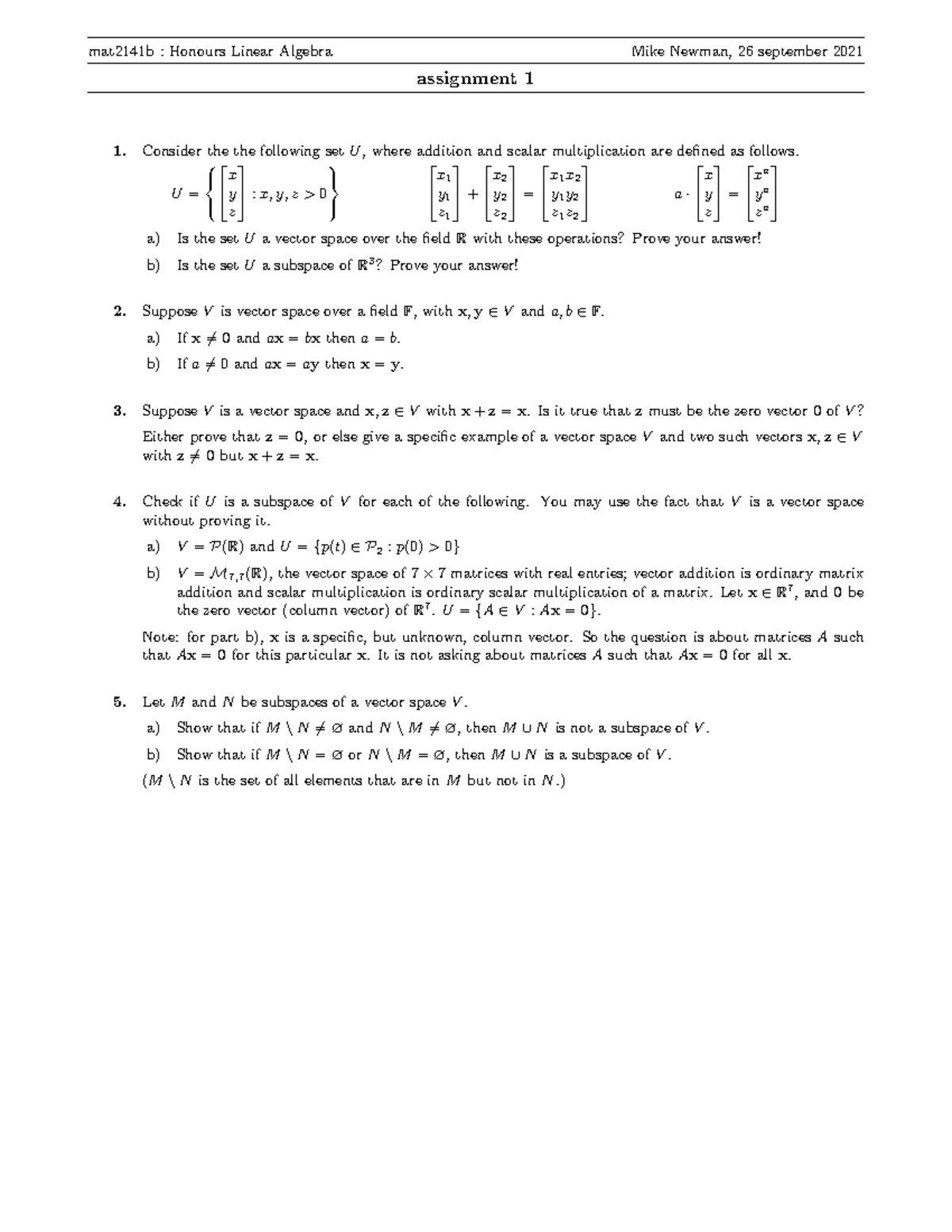 A1q Assignment 1 Mat2141b Honours Linear Algebra Mike Newman 26 September 21 Assignment 1 Studocu