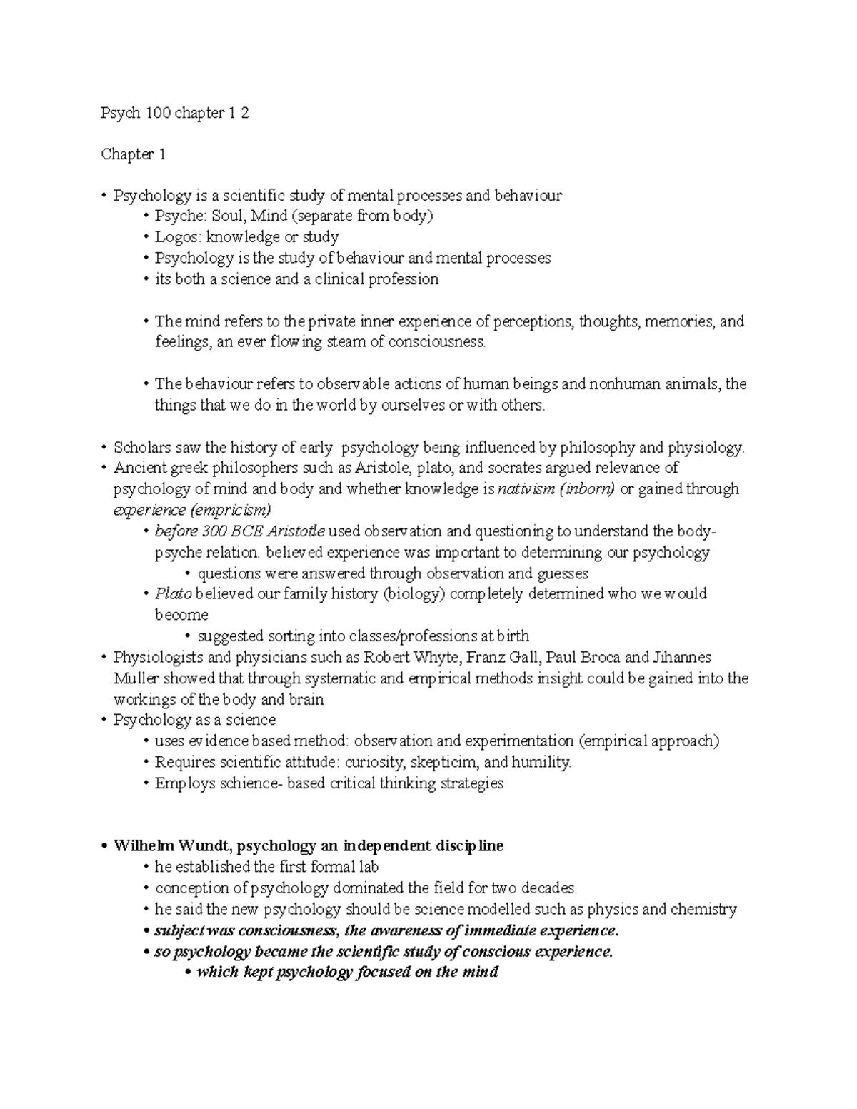 Psych 100 Review - Psych 100 chapter 1 2 Chapter 1 Psychology is a ...
