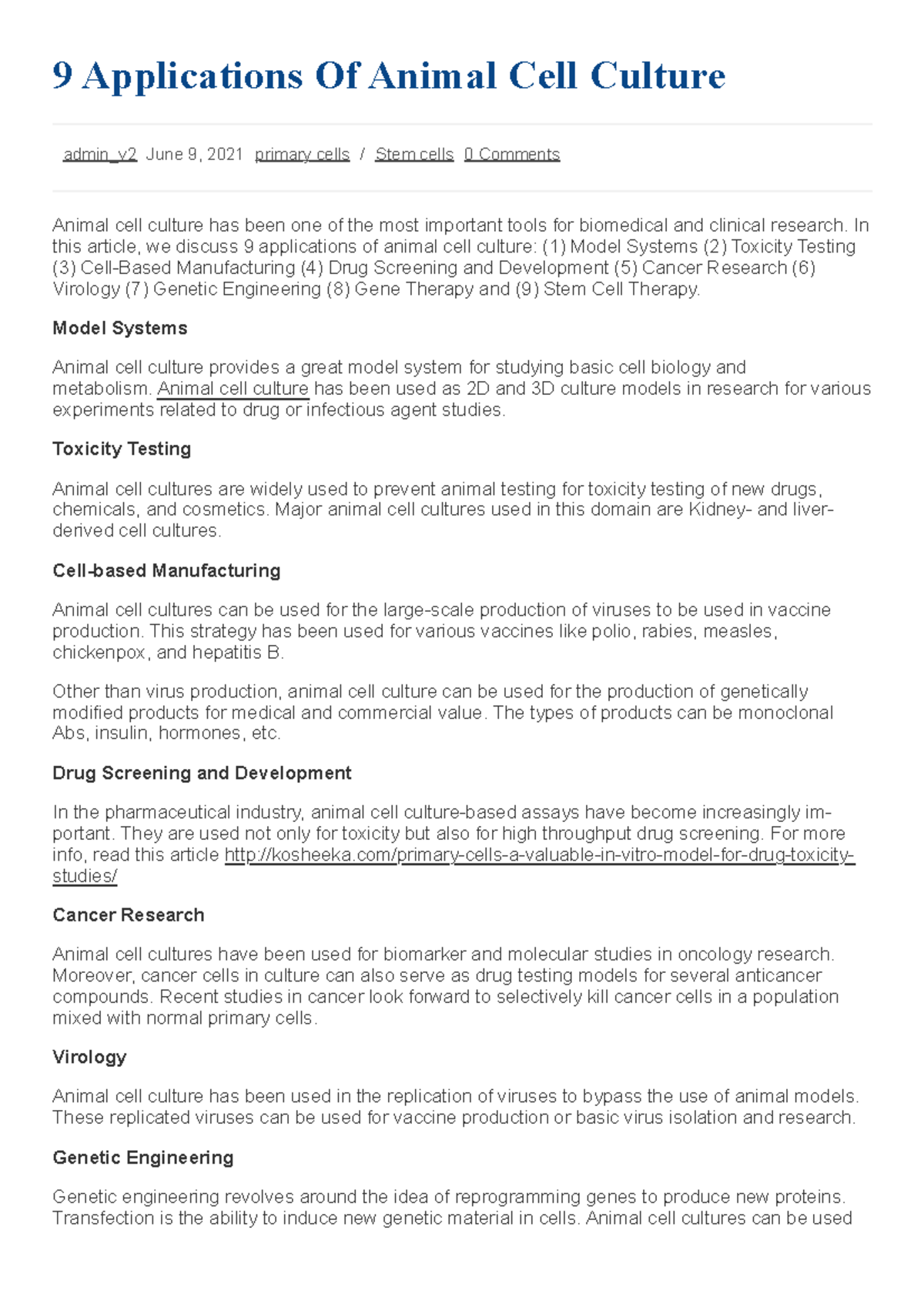 9 Applications of Animal Cell Culture I Kosheeka 9 Applications Of