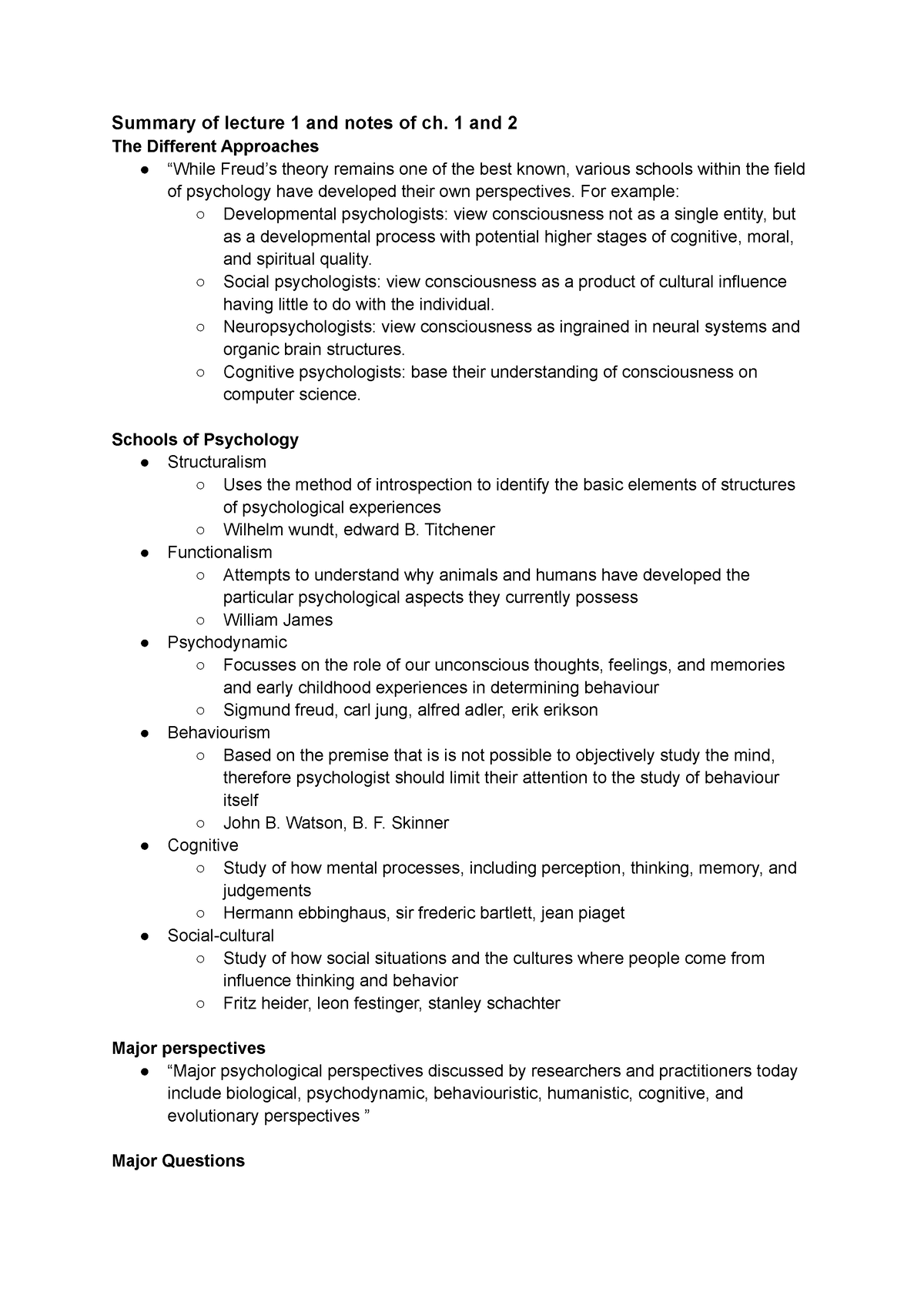 Pyscholgy notes test number one - Summary of lecture 1 and notes of ch ...