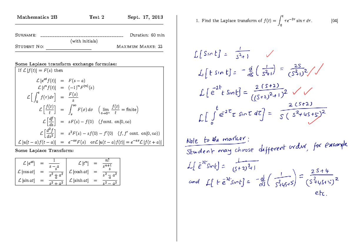 2013 test2 and sol laplace - Mathematics 2B Test 2 Sept. 17, 2013 ...