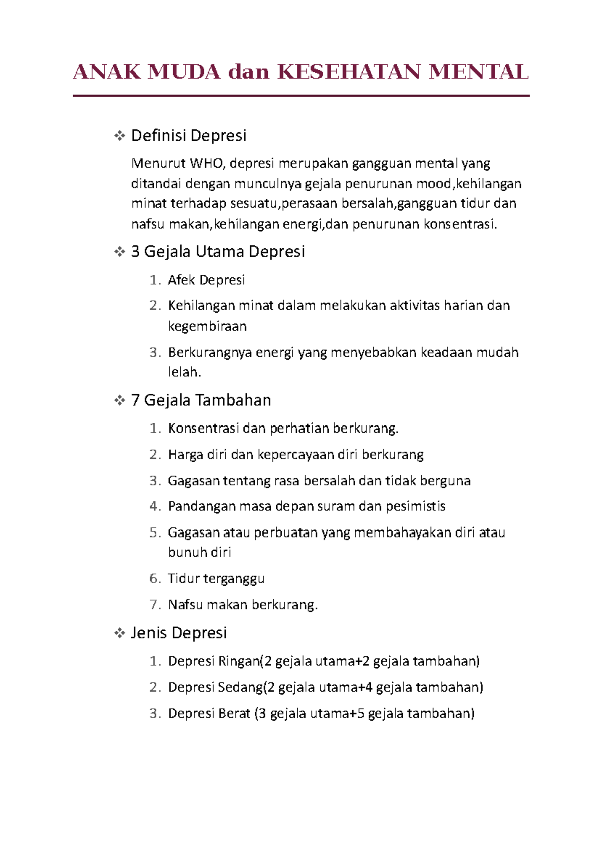 Dokumen - Sejarah - ANAK MUDA Dan KESEHATAN MENTAL Definisi Depresi ...