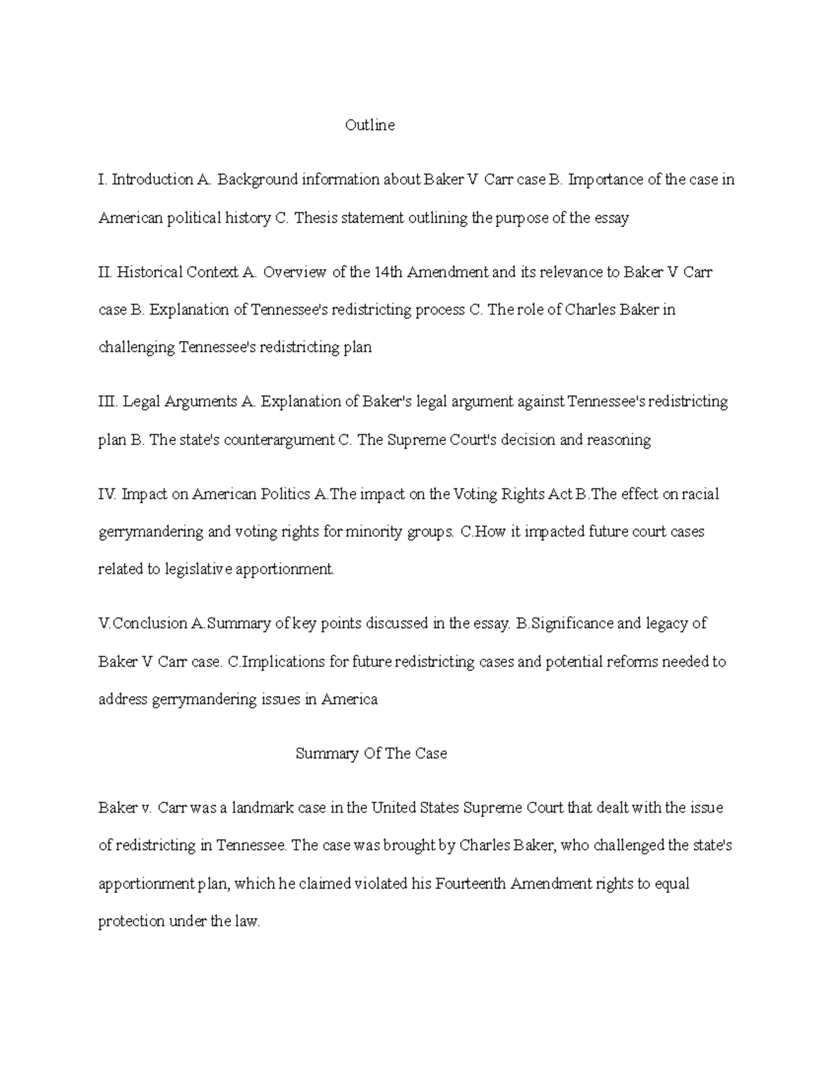Baker v. Carr Case Brief Outline and Summary Outline I. Introduction