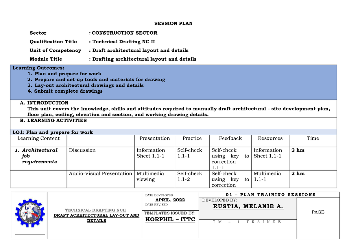 3 Session Plan In Technical Drafting TECHNICAL DRAFTING NCII DRAFT 