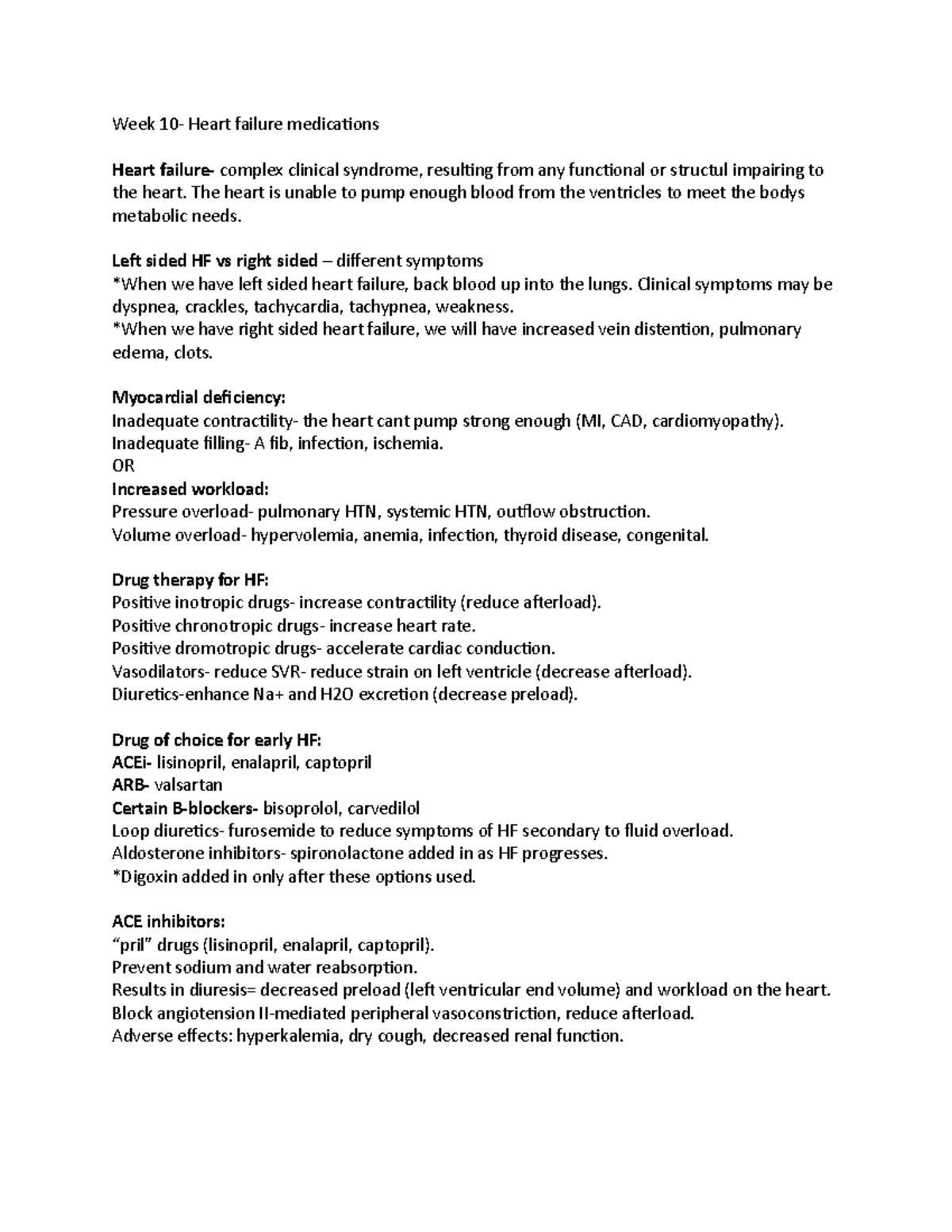 NRSG 195 - Week 10- HF medications - Week 10- Heart failure medications ...