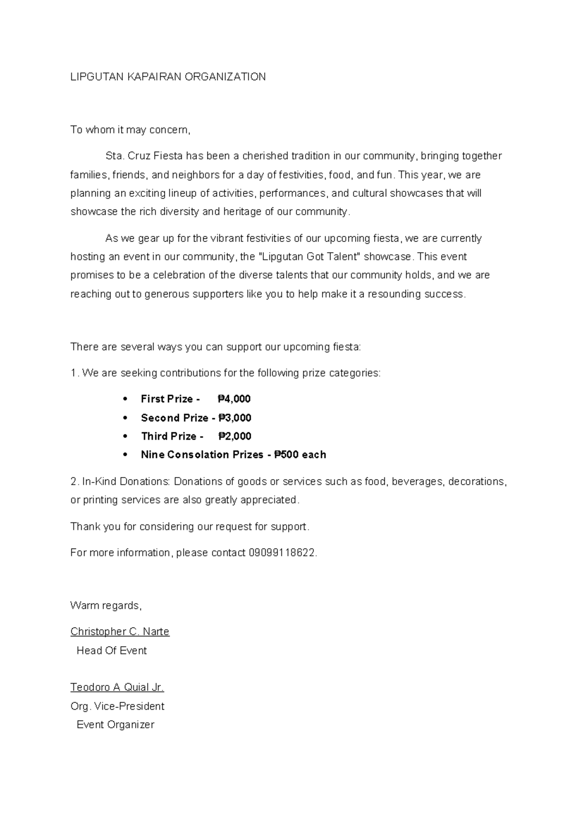 Solicitation Letter - LIPGUTAN KAPAIRAN ORGANIZATION To whom it may ...