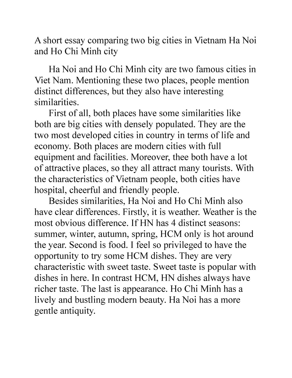 Bai Lam Tuan Compare - Bvjnk - A Short Essay Comparing Two Big Cities In  Vietnam Ha Noi And Ho Chi - Studocu