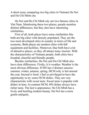 Bai Lam Tuan Compare - Bvjnk - A Short Essay Comparing Two Big Cities In  Vietnam Ha Noi And Ho Chi - Studocu