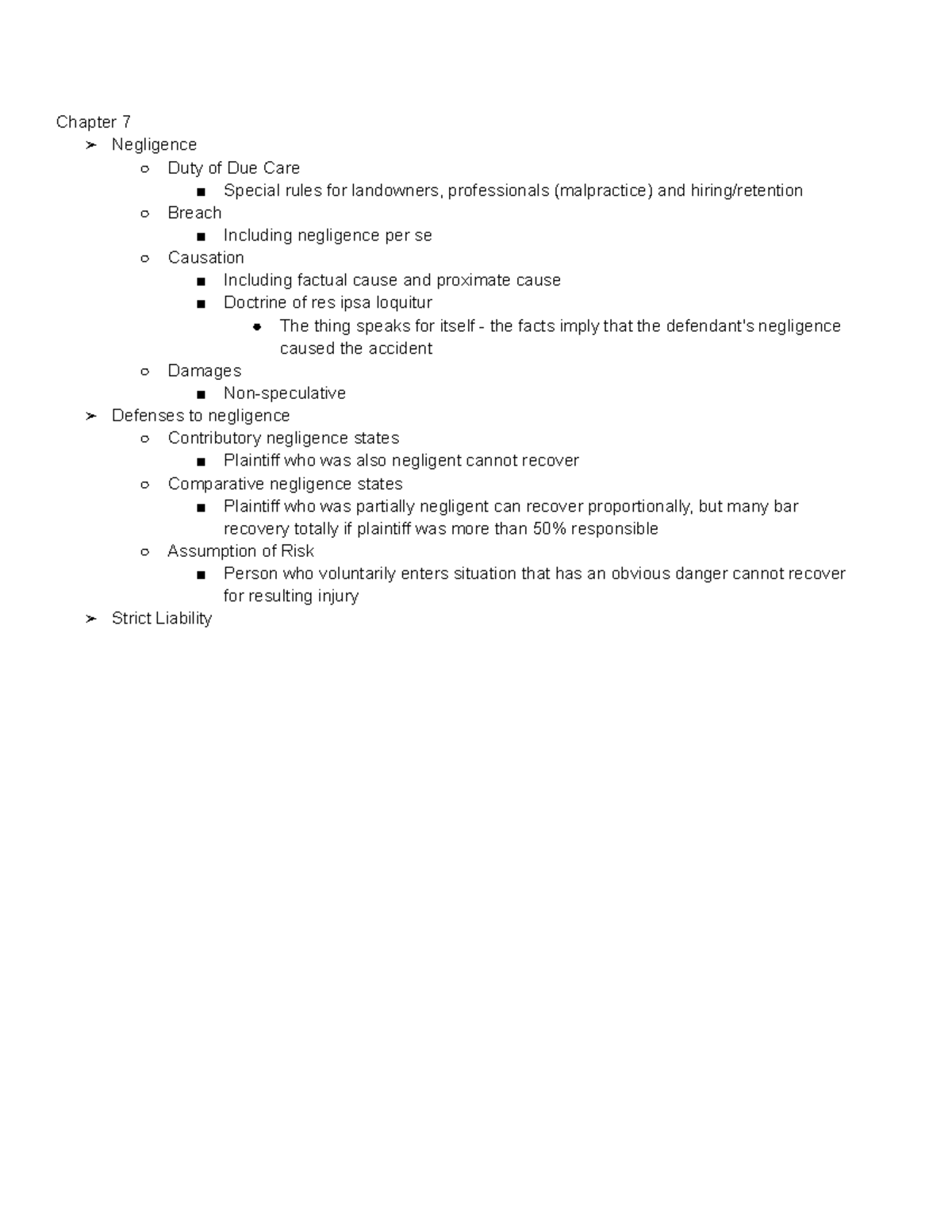 LAW 3800 Summary Of Chapter 7 Chapter 7 Negligence Duty Of Due Care 