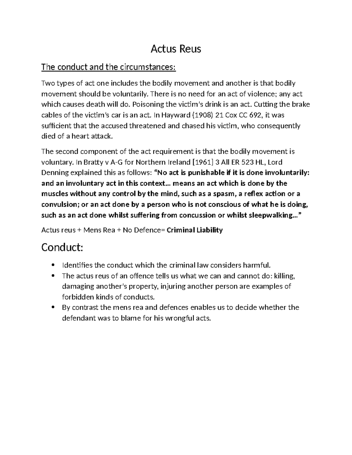 Actus Reus - Actus Reus The conduct and the circumstances: Two types of ...