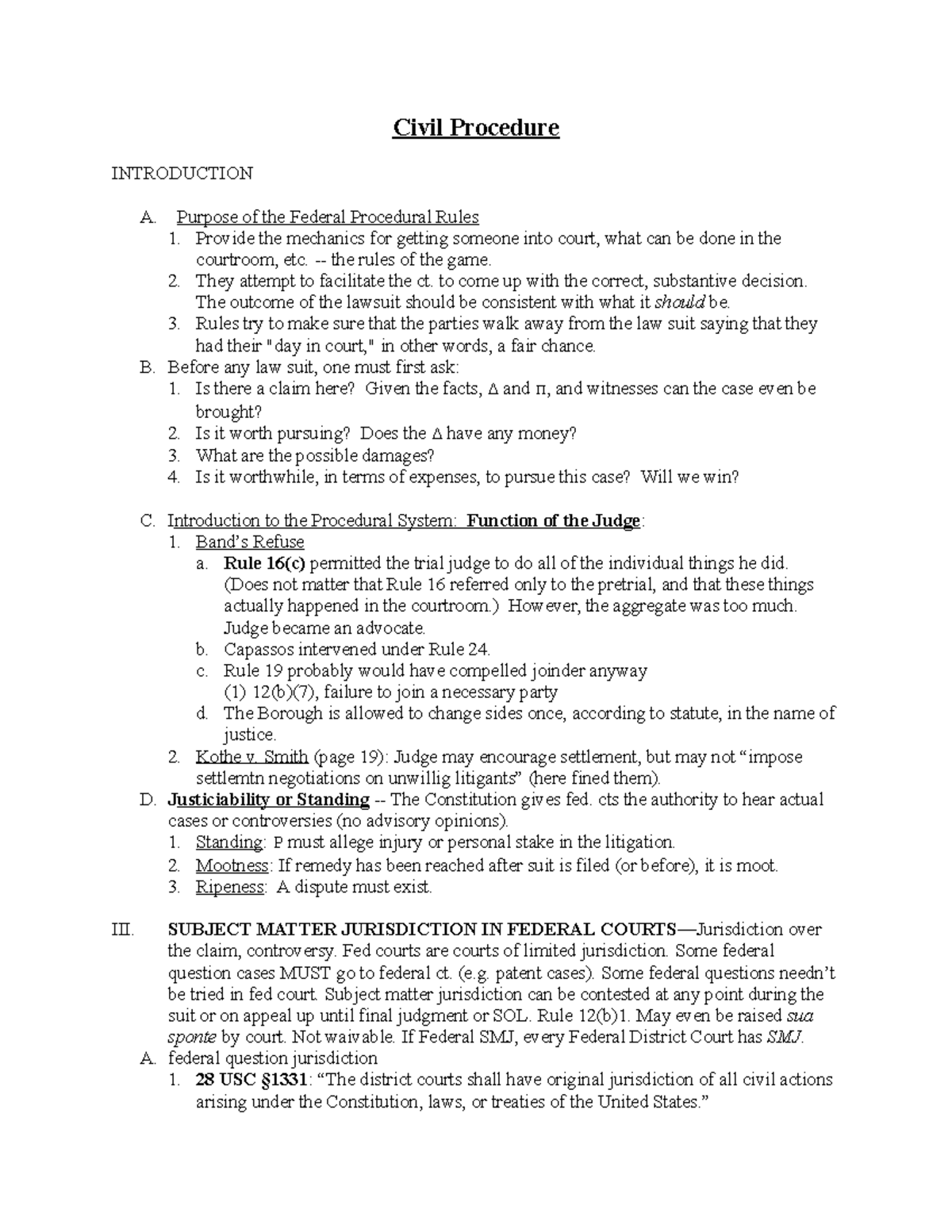 Civil Procedure Law Outline - 1 - Civil Procedure INTRODUCTION A ...