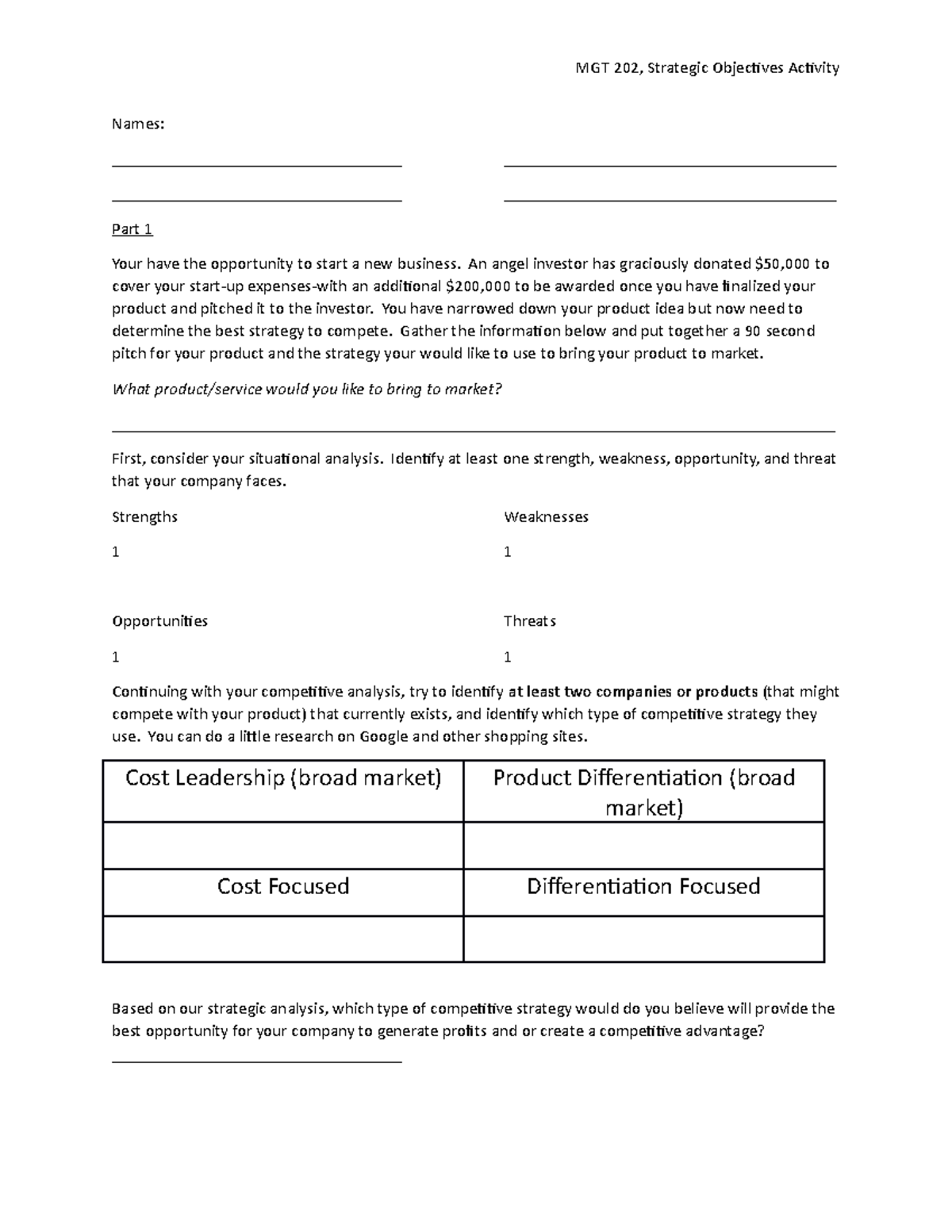 New Product Strategy Activity - MGT 202, Strategic Objectives Activity ...